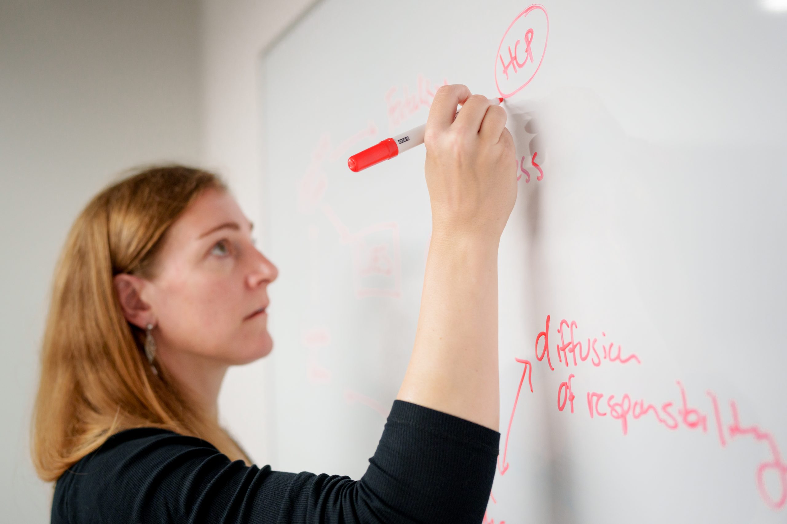 HRW researcher writing on a white board.